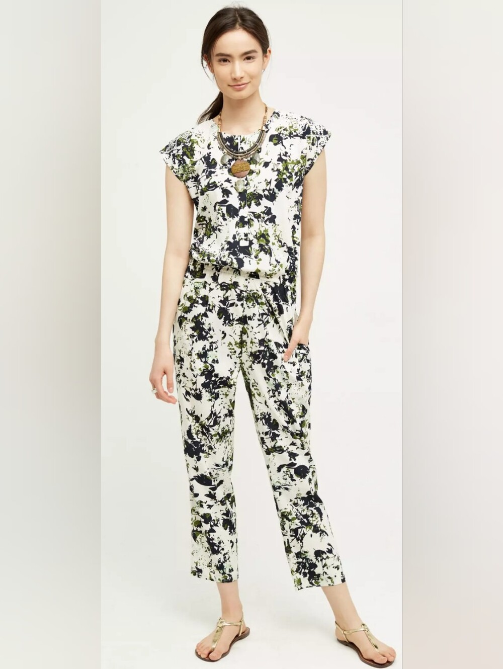 Anthropologie Floral Print Women’s Jumpsuit in White, Black & Olive